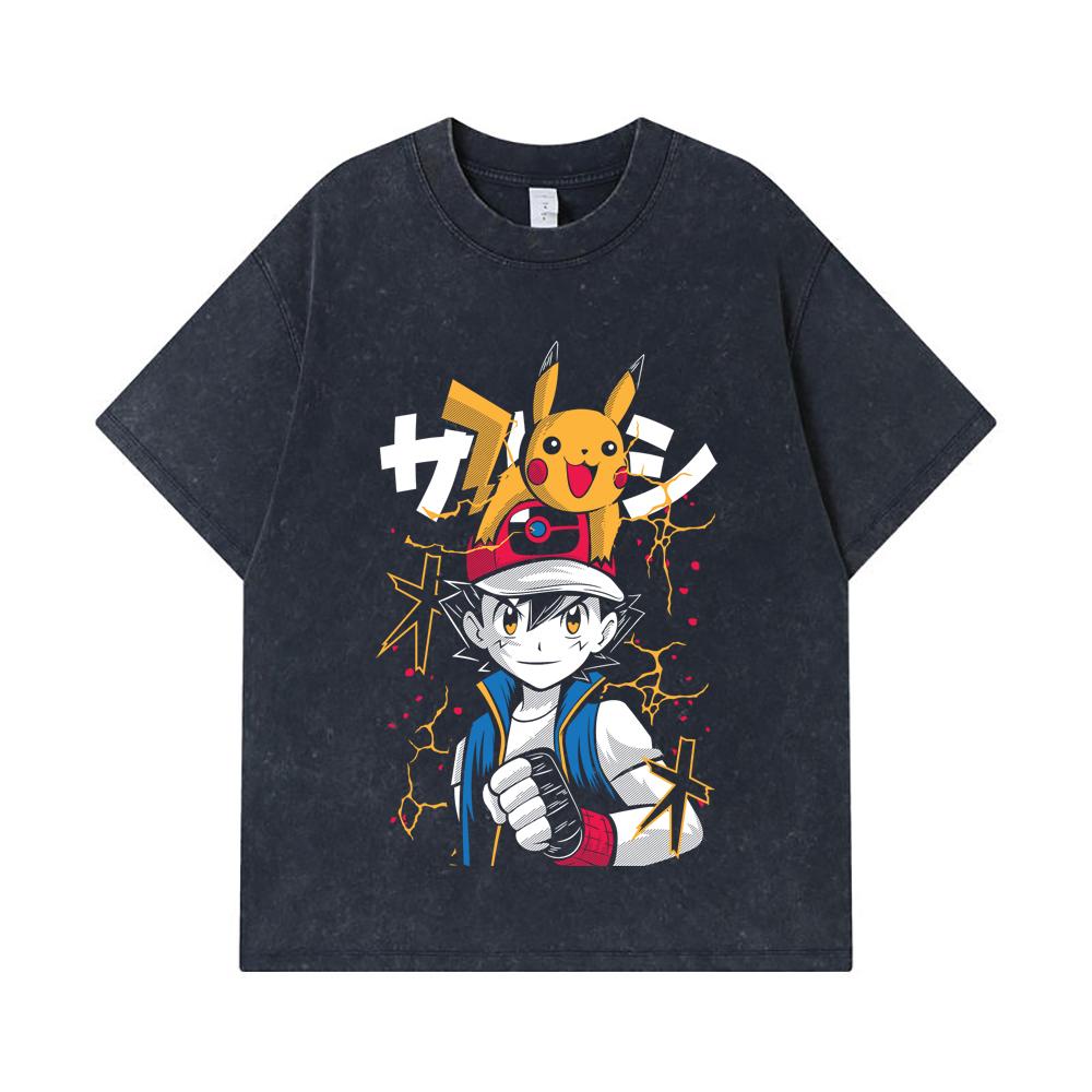 275 GSM Washed T-shirts 100% Cotton Pokemon V2 Ash Print Unisex Heavy Cotton T Shirt
