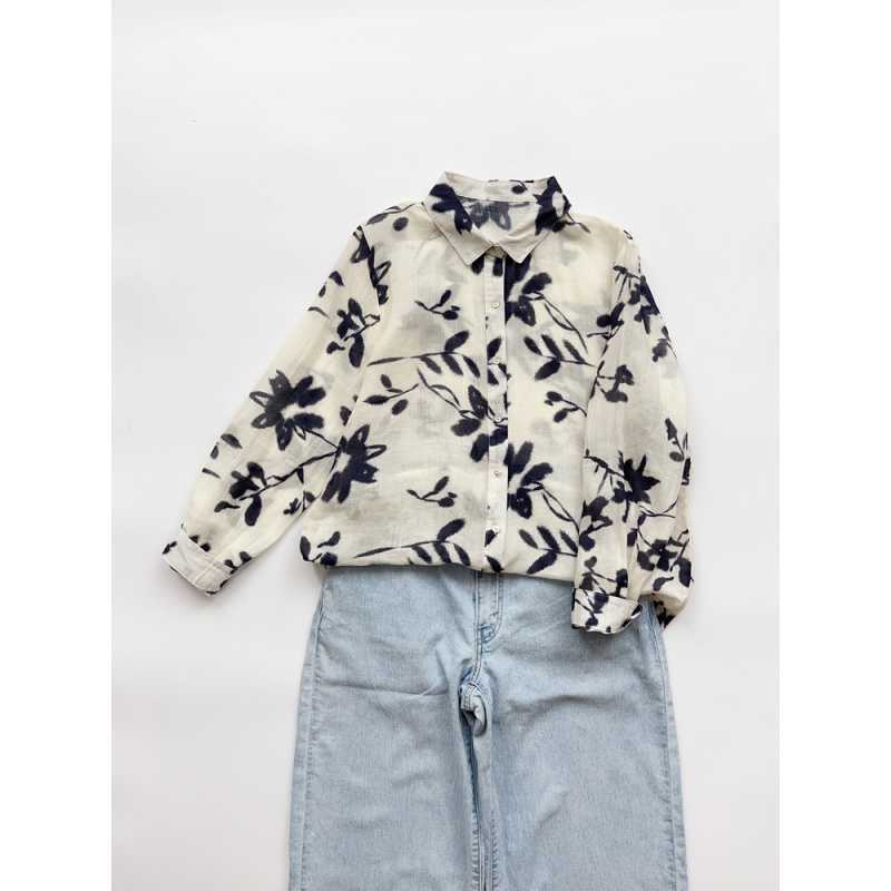 Early Autumn Ink Printed Shirt Ramie Shirt Versatile Chinese Thin Linen Women's Top