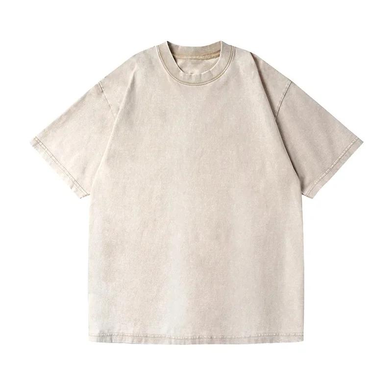 Summer Oversize Men's Cotton T-Shirt Heavyweight Wax Dyeing Washed Outdoor Style Short Sleeve Crew Neck Tops