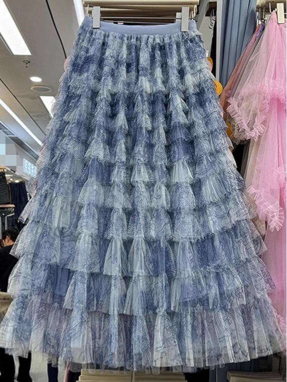 Verlaufender Retro Batik Mesh Tüll Midi Rock
