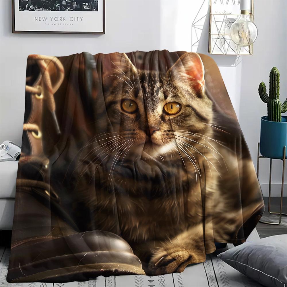 Tabby Cat Print Flannel Blanket, High quality Comfortable for All Seasons, Home Decor, Warmth and Comfort, Perfect for Christmas Gifts