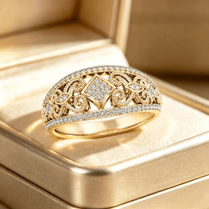 A gorgeous plated piece KC The golden copper ring is inlaid with sparkling synthetic zirconia, making it a perfect choice for women's wedding rings
