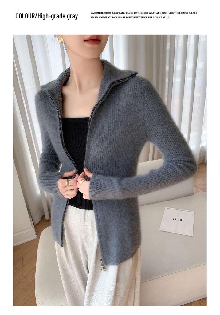 2025 Fall/Winter Women's Versatile Striped Cashmere Zipper Cardigan Sweater