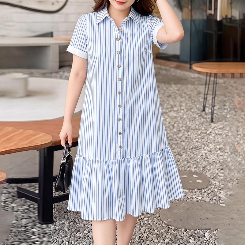 ZANZEA Women Elegant Casual Turn Down Collar Short Sleeve Loose Stripe Dress