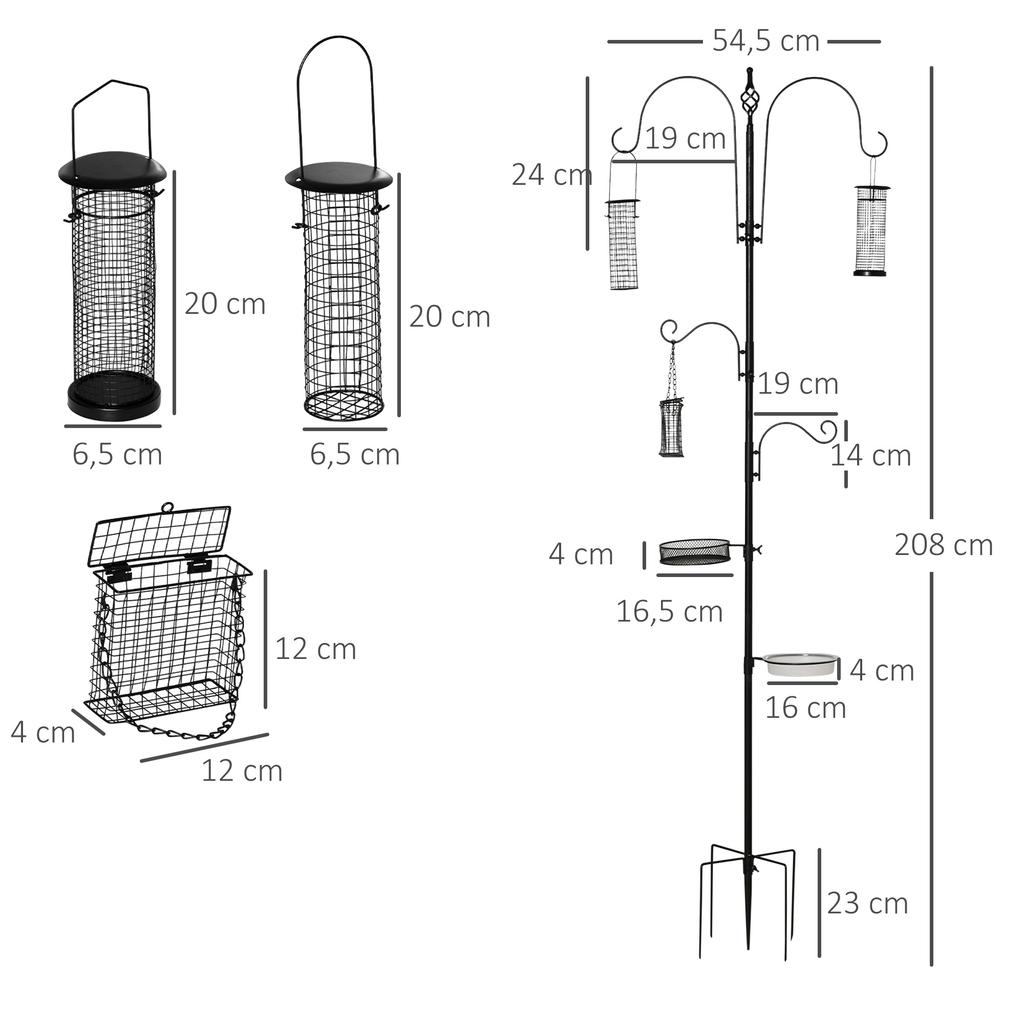 Steel bird feeder station, freestanding bird feeder 208H cm with 4 hooks, black