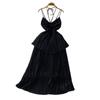 Vacation Sexy Hollow-out Bow V-neck Hanging Neck Sling Dress Women Summer Waist Hugging Slimming Pleated Cake Skirt