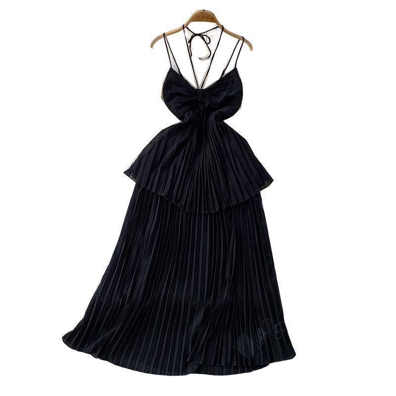 Vacation Sexy Hollow-out Bow V-neck Hanging Neck Sling Dress Women Summer Waist Hugging Slimming Pleated Cake Skirt