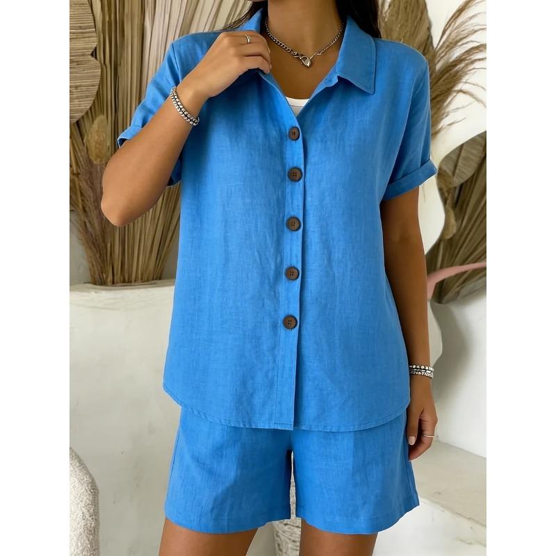 Set Casual con Camicia a Maniche Corte con Bottoni e Pantaloncini per Donna