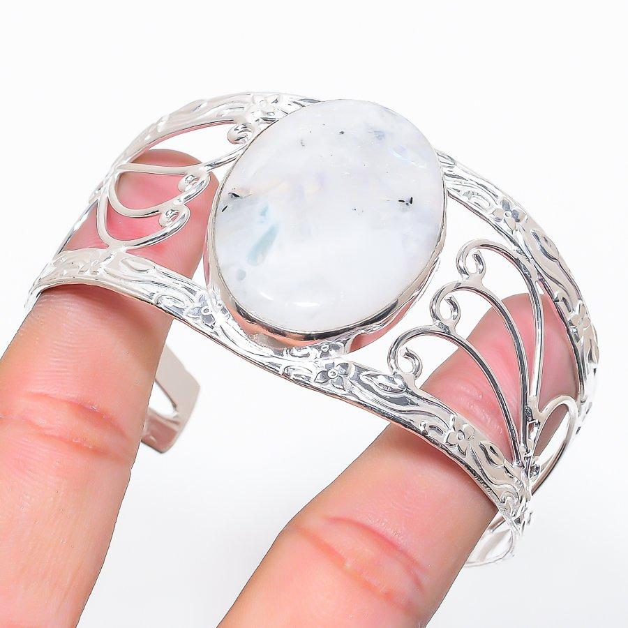 Natural Moonstone Gemstone 925 Sterling Silver Cuff Bangle Adjustable o0K64