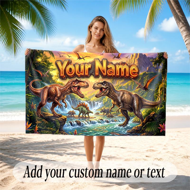 Dinosaur Theme Quick Dry Beach Towel Custom Name Text Print Large Sand Resistant Towel Beach Vacation