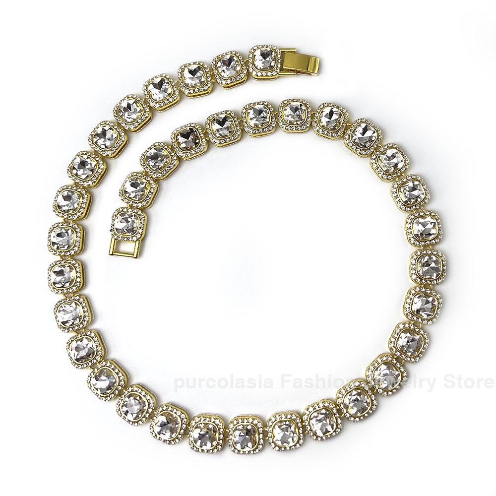 

Brilliant Multi Colors Iced Out Bracelet for Men Women 12mm Tennis Chain Hip Hop Cuban Necklace Square Rhinestones Glass 18inch 45cm