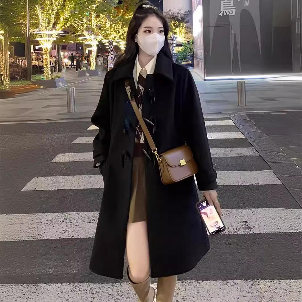 Fashion Design Cow Horn Buckle Tweed Jacket Female Autumn and Winter Tweed Coat Small Son In The Long Section