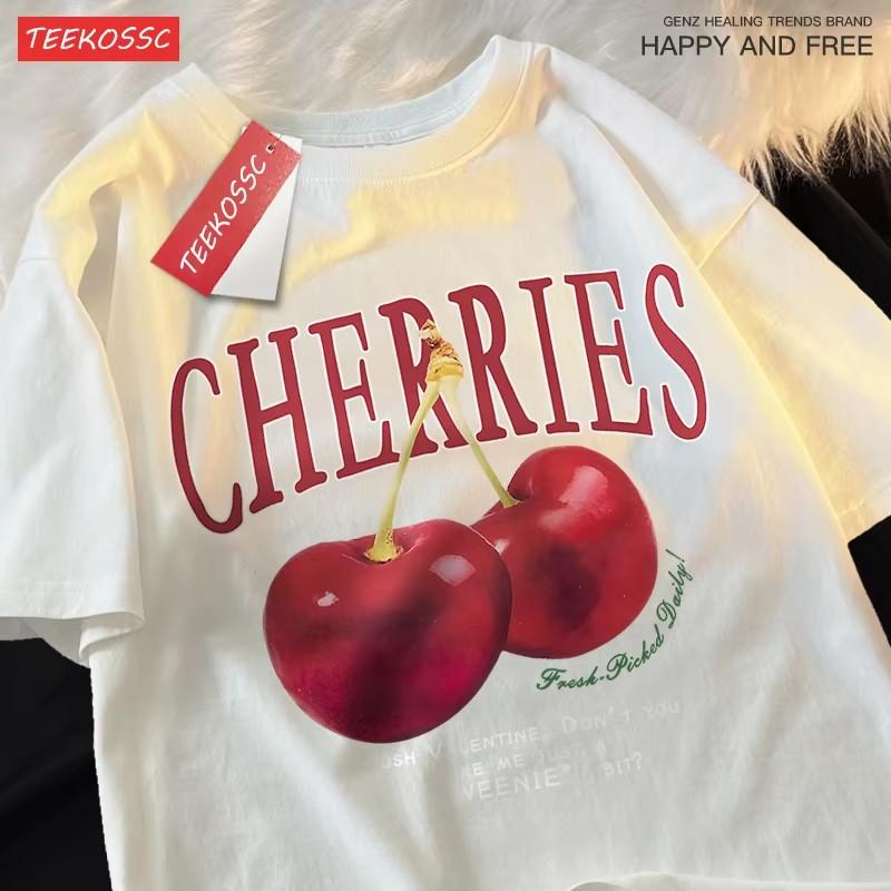 Damen Baumwolle Gewaschene T-Shirts Trend O-Ausschnitt Distressed Tops Frischer Roter Kirschen Druck Kurzarm Sommer Straße Damenkleidung