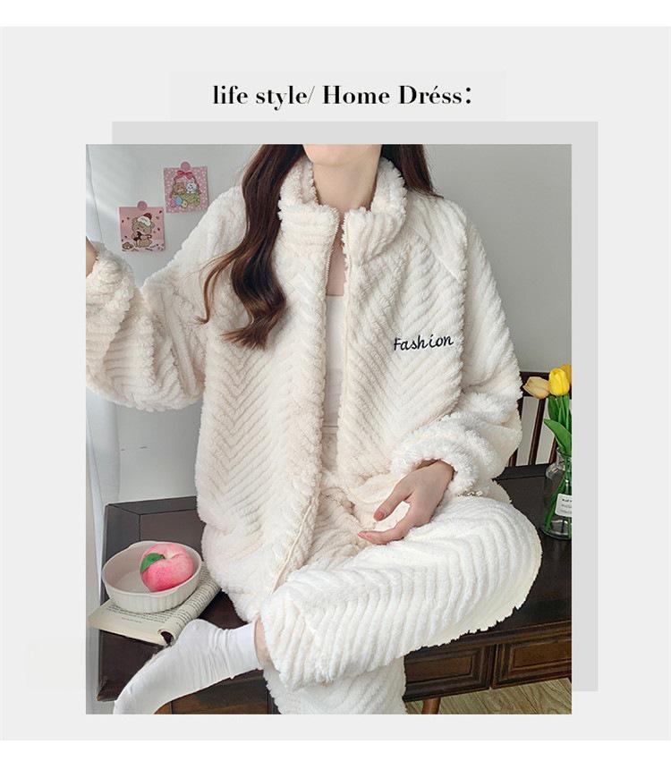 Pijamale Jacquard din Fleece Coral pentru Femei: Cardigan drăguț, călduros, cu guler înalt cu fermoar pentru toamnă și iarnă