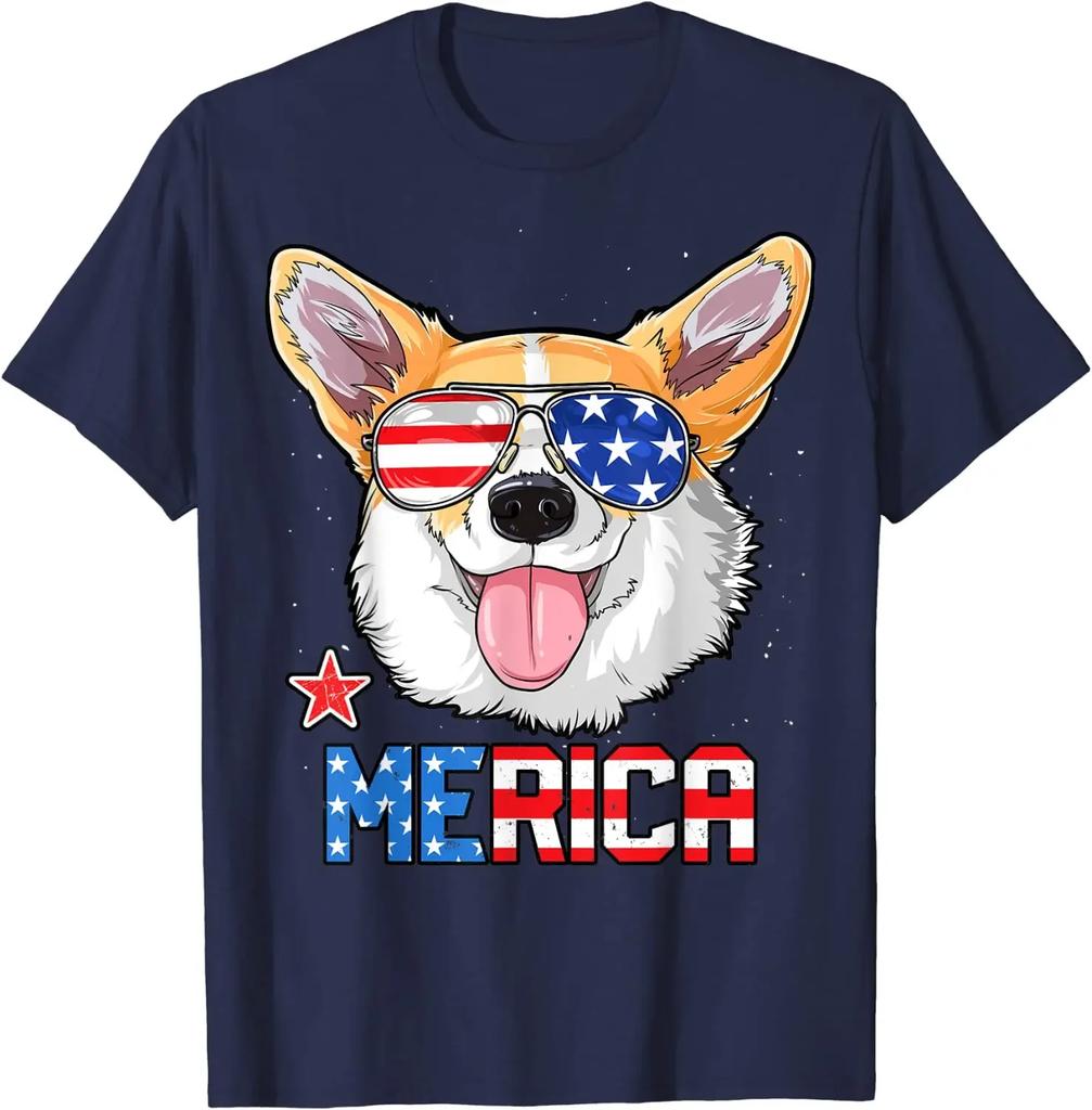 Corgi Merica 4th of July T Shirt Boys Girls Dog Puppy Casual T Shirts Daily Four Seasons Cotton Tees Vintage T Shirt Unisex