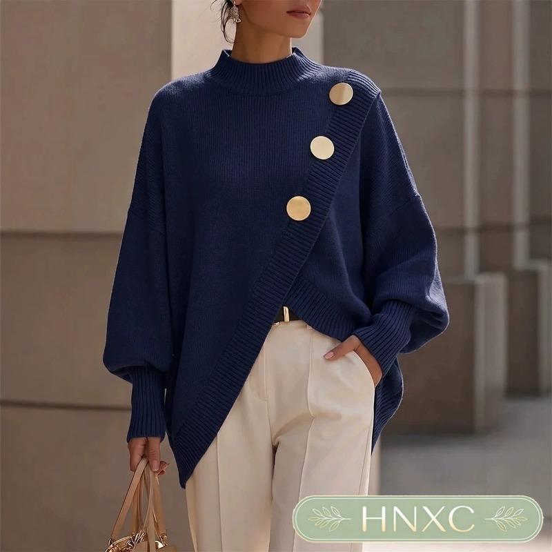 HNXC Women's Long Sleeve Mock Neck Asymmetric Sweater Fashion Casual Autumn Winter Loose Sweaters Classic Exquisite