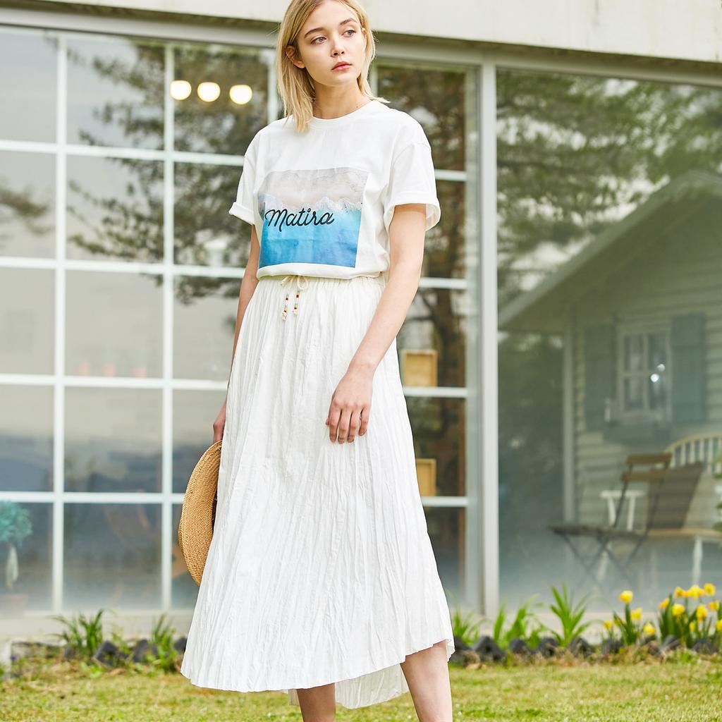 Pin Black Cotton Crease Long Skirt White