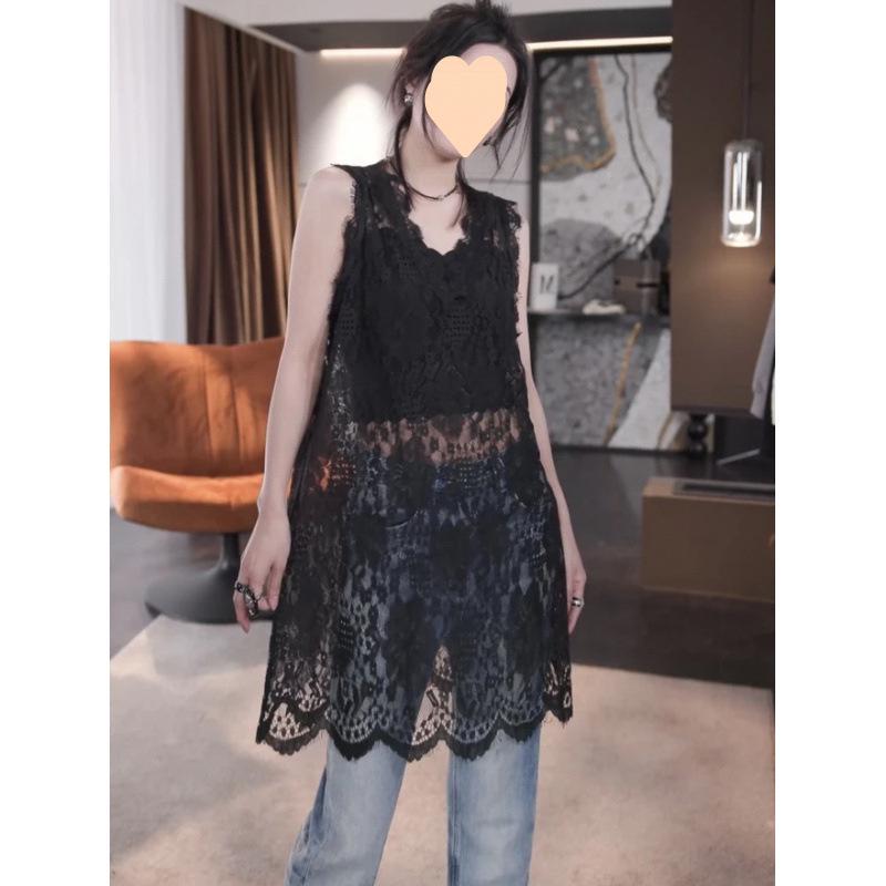 2025 Spring Versatile Midi Lace Vest, High-Waisted, Solid Color Style