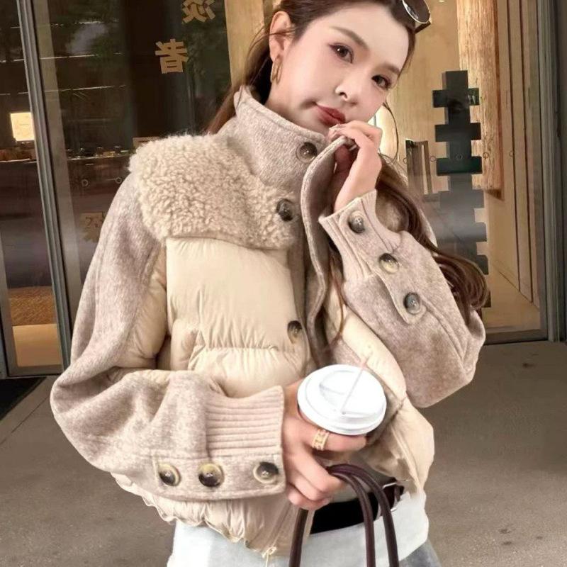 Fashion Woolen Spliced Down Padded Jacket Women's Winter Short Coat Loose Parkas Thicken Warm Stand-collar Outerwear