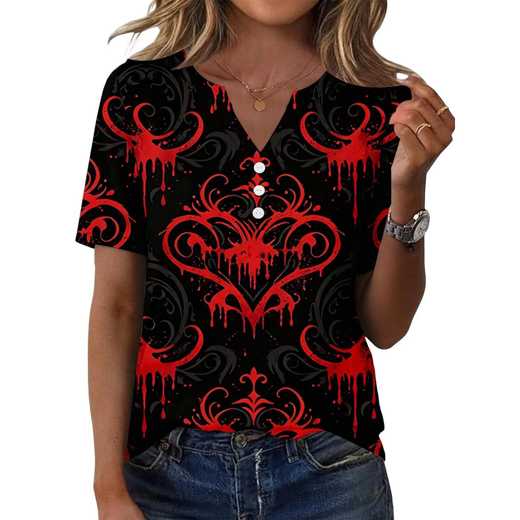 Women's Casual V Neck Short Sleeve Button T Shirt Halloween Print Top Relaxed Fit Lightweight Soft Fabric