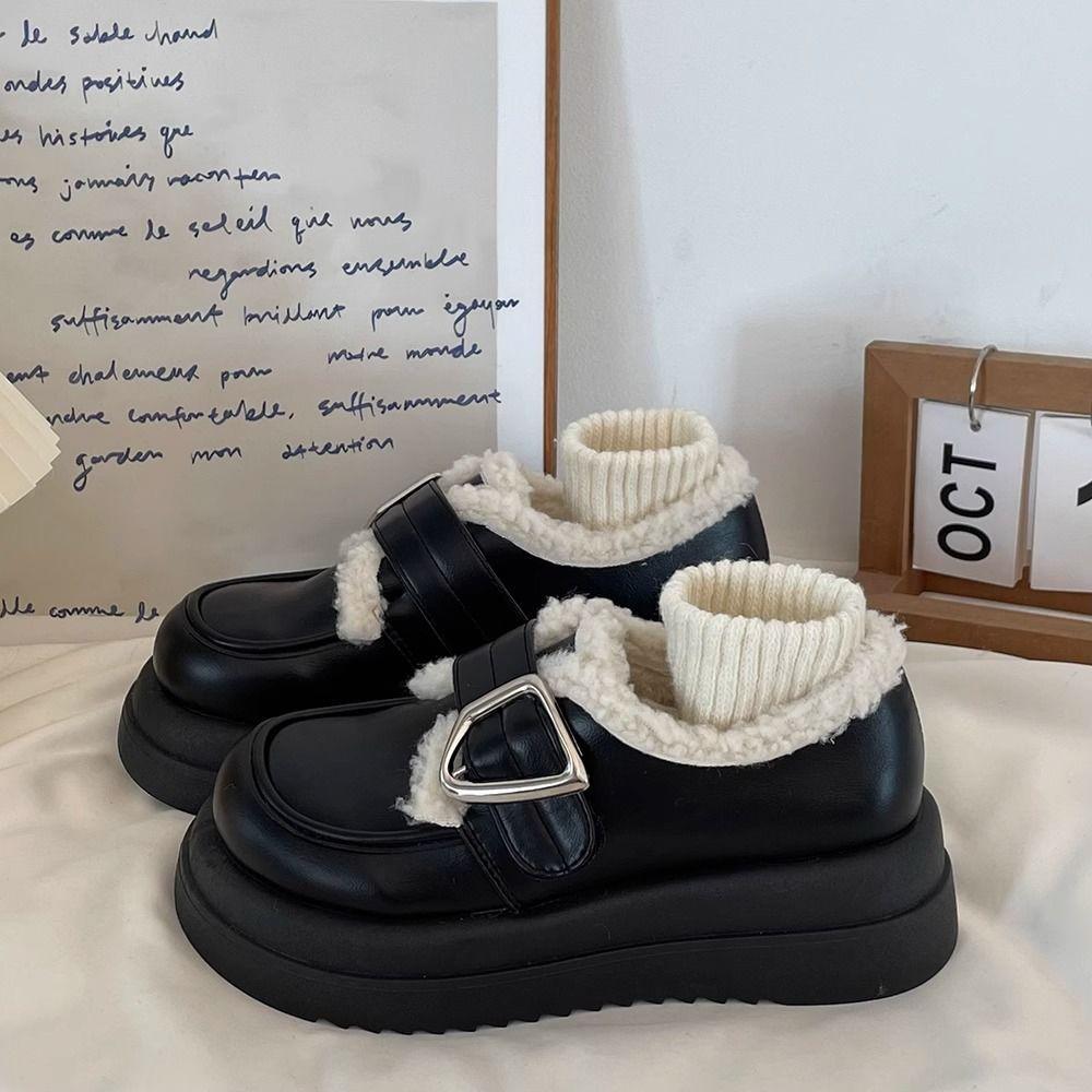 Platform Muffin Velvet Small Leather Shoes Women's 2025 New Autumn and Winter Warm Loafers Retro British Cotton Shoes Ins