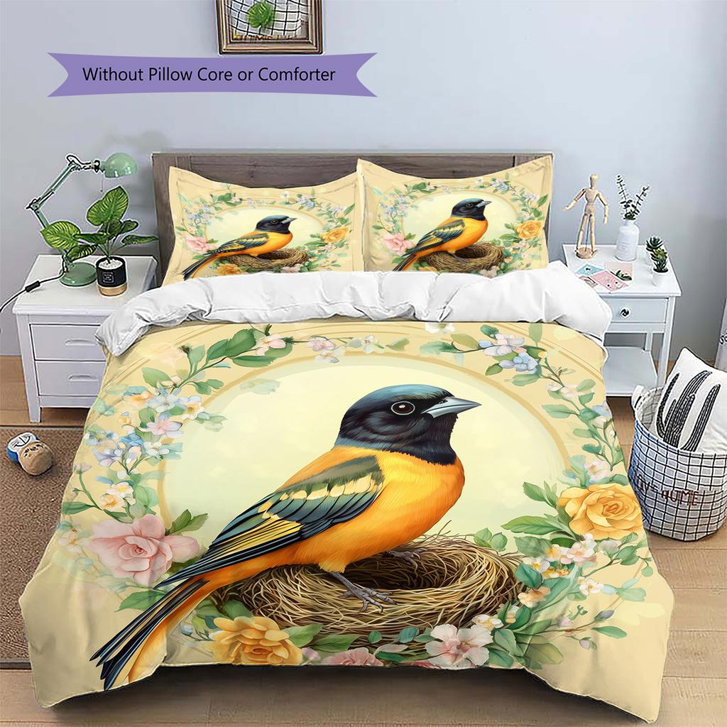 Bird's Nest with Flower Wreath  Pattern Bedding Quilt Set  Home Decoration  Gift (1 * duvet cover + 2 * pillowcase, without core)