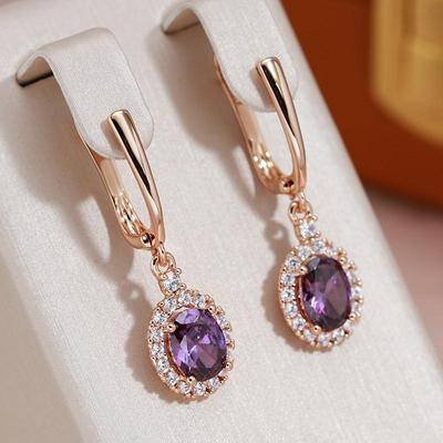 Oval Purple Zircon Double Layer Pendant Earrings for Women Luxury Wedding Jewelry Classic Accessories
