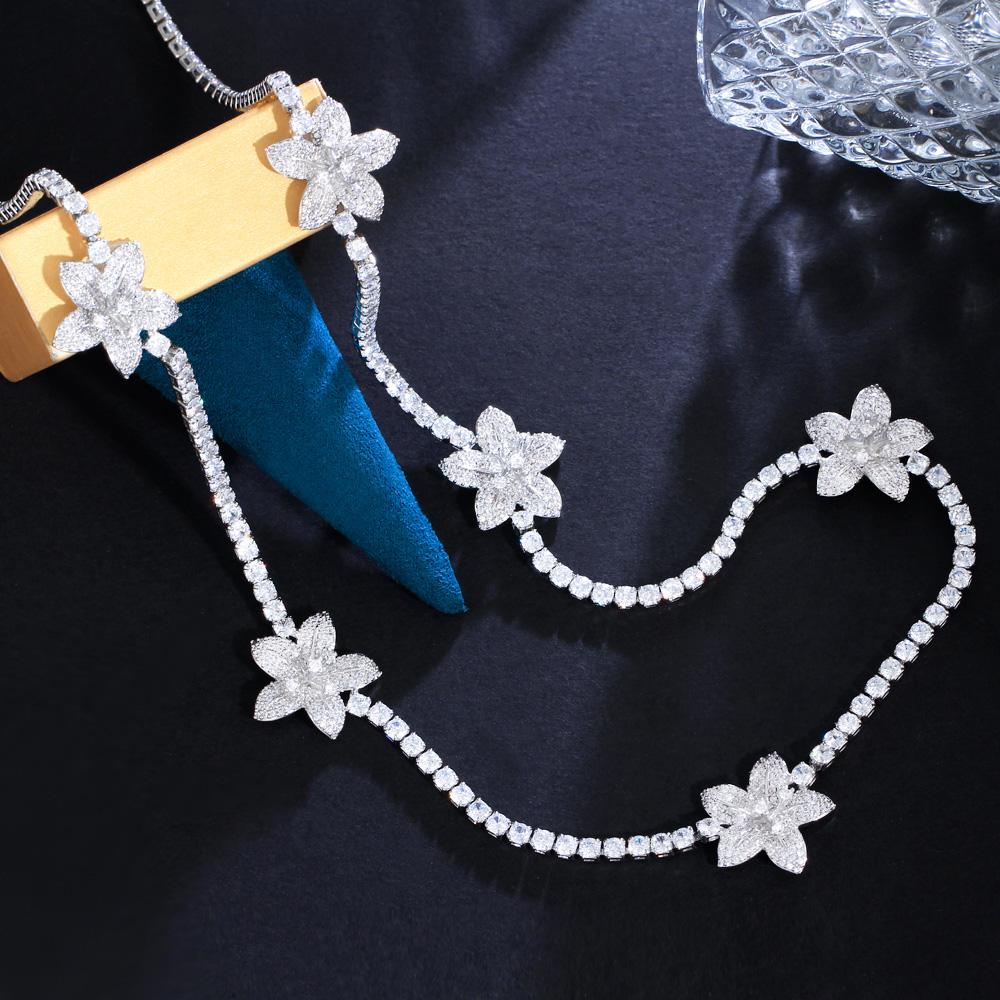 Chic Round Gorgeous Fashion Jewelry Cubic Zirconia Flower Chain Link Long Sweater Tennis Necklace for Women Bridal Party