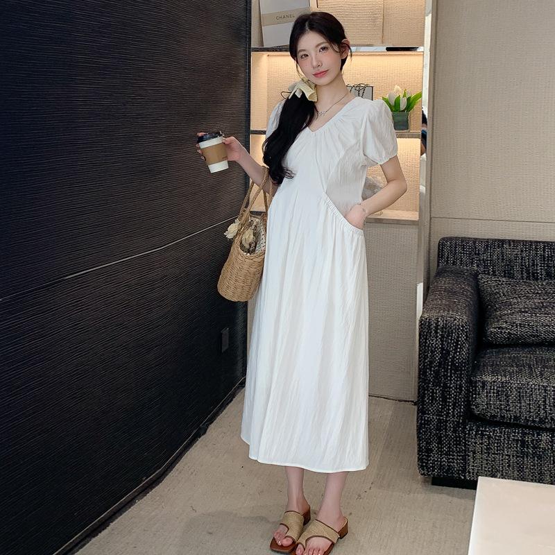 2026 Summer Maternity V-neck Puff Sleeve Slimming Dress 2XL