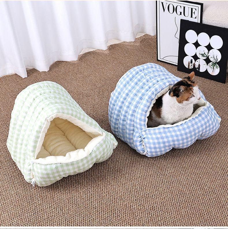Warm Thickened Enclosed Pet Bed - Detachable, Washable Plaid for Cats & Dogs