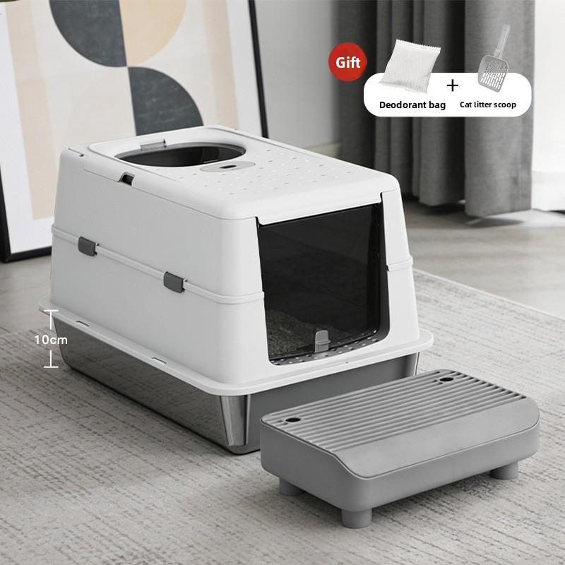 Stainless Steel Closed Cat Litter Box, Fully Closed Flip, Oversized, Heightened and Thickened Anti-splash Top-entry Cat Toilet