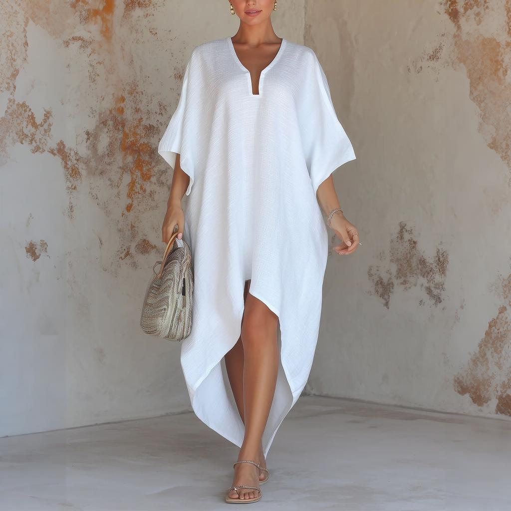 Loose Fit Beach Cover Up Dress Long Kaftan Robe with Pleated Design Vacation Wear Silk Feel Fabric Comfortable Lightweight