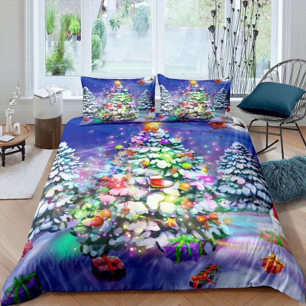 Christmas Tree Duvet Cover Santa Claus Christmas Night Scene Decor Comforter Cover For Family Teens Merry Christmas Theme Decor