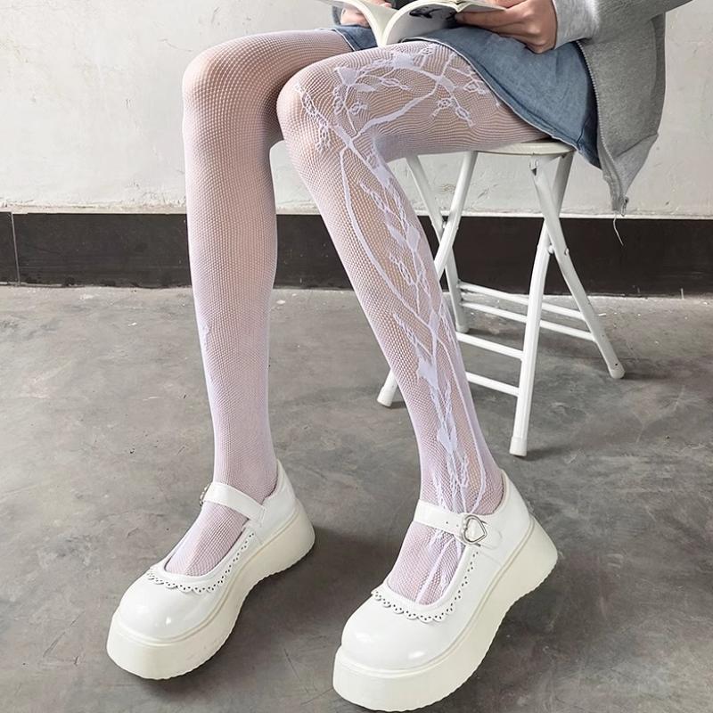 Japanese Style JK Lace Vine Print Fishnet Stockings Lolita Cosplay Sweet White Tights Women Sexy Thin Hollow Out Slim Pantyhose
