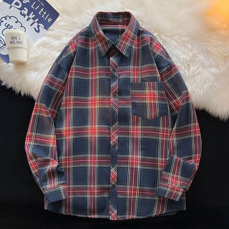 

Long-sleeved Plaid Shirt Japanese Retro Loose Jacket Men and Women Shirt 3XL