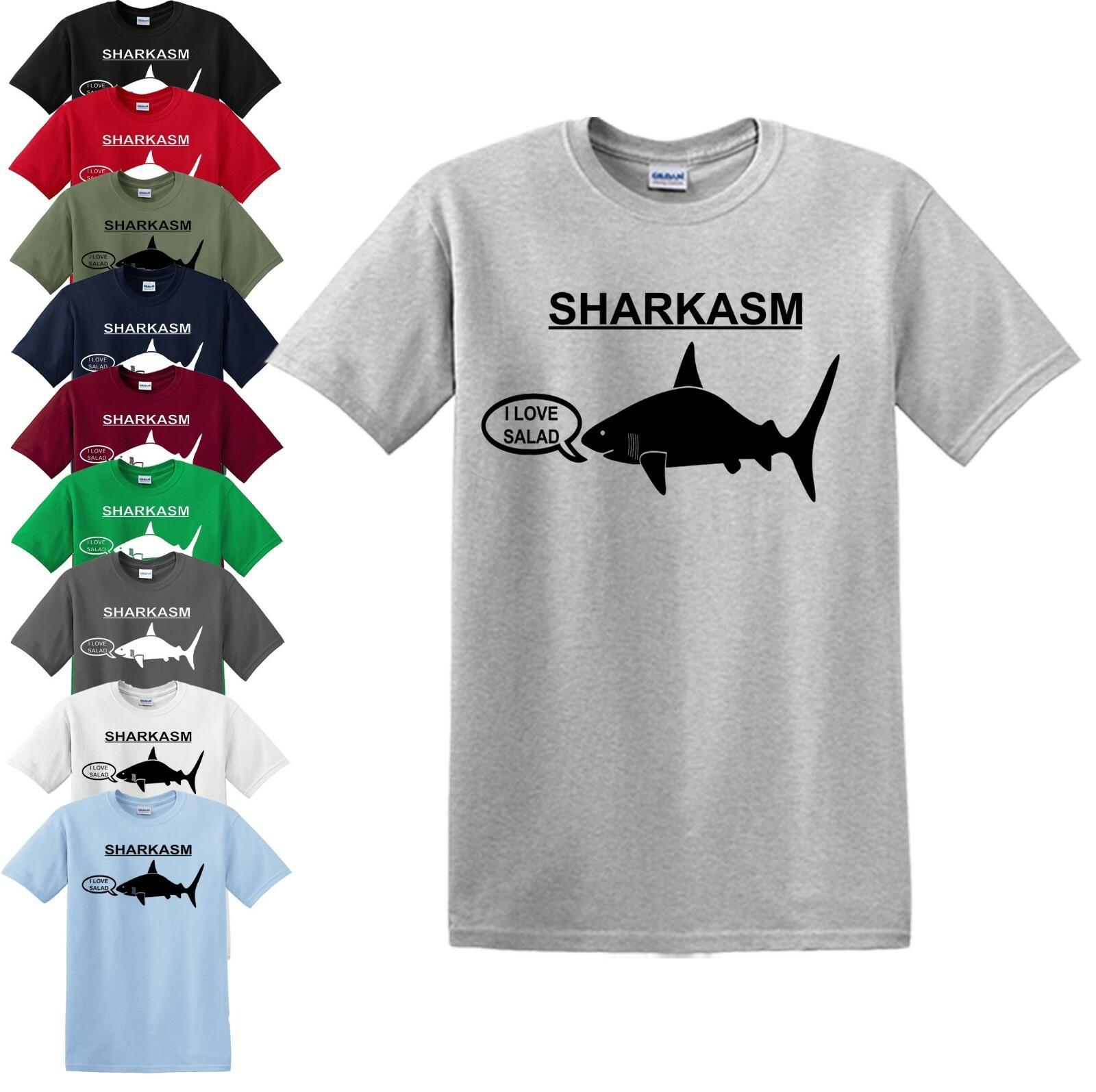 SHARKASM FUNNY 100% Cotton T-shirt Mens Tees Top NOVELTY GIFT IDEA SLOGAN FUN SHARK FISHING DAD FATHER Tee S