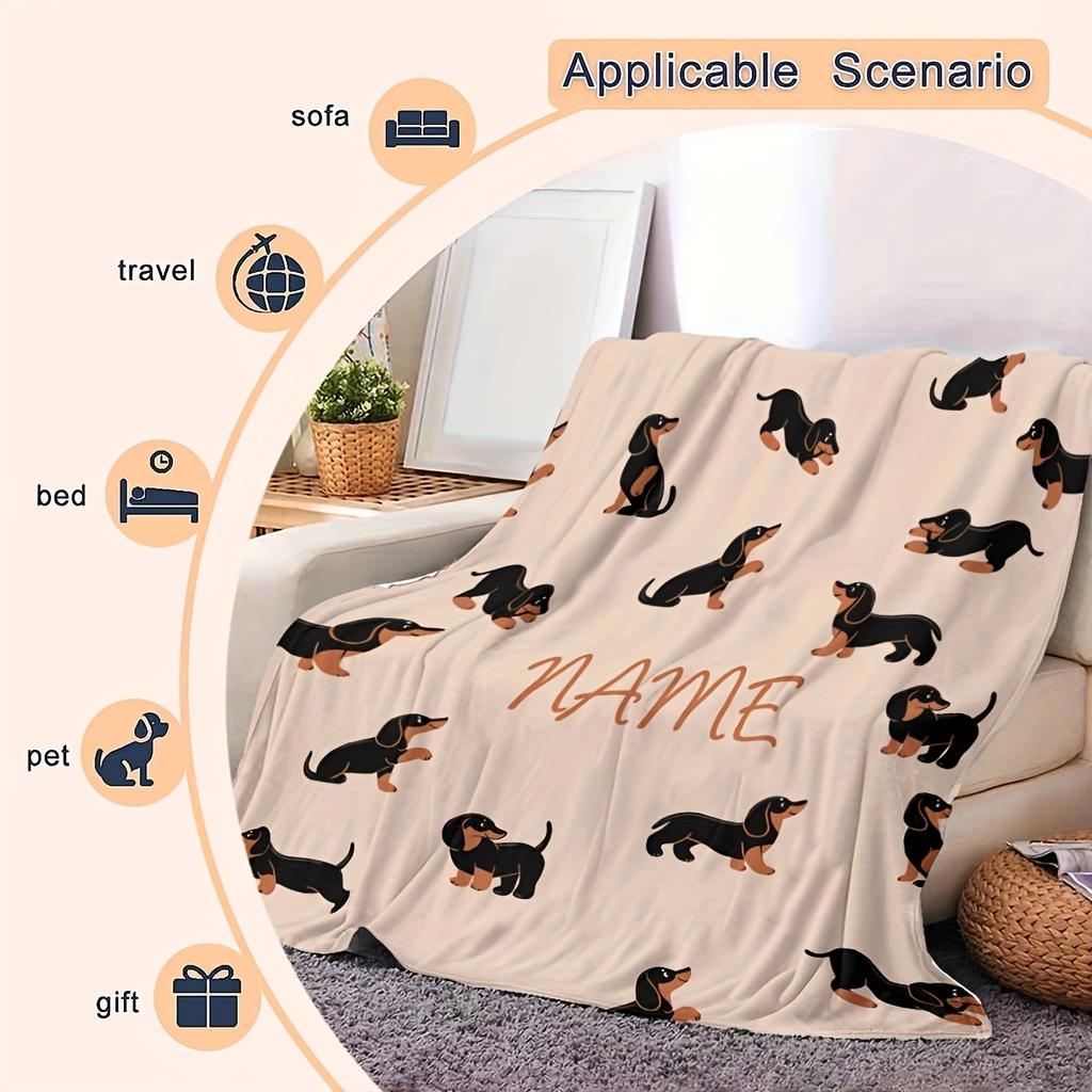 1pc Custom Name Blanket, Custom Name Dachshund Flannel Blanket Soft, Warm and Comfortable, Suitable for Sofa Beds