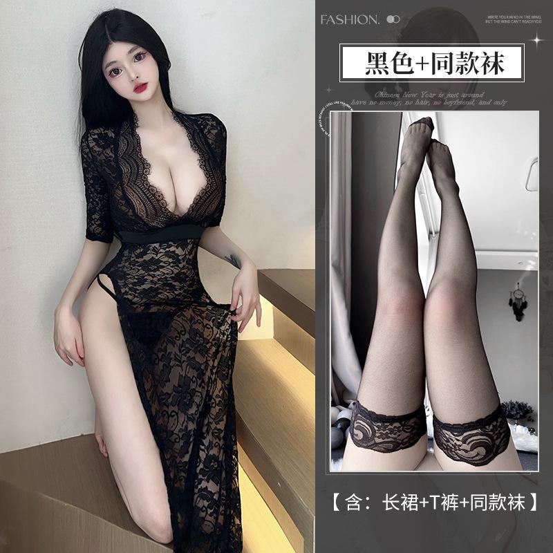 Sexy lingerie women's pure lace temptation long dress hot side split uniform free suit