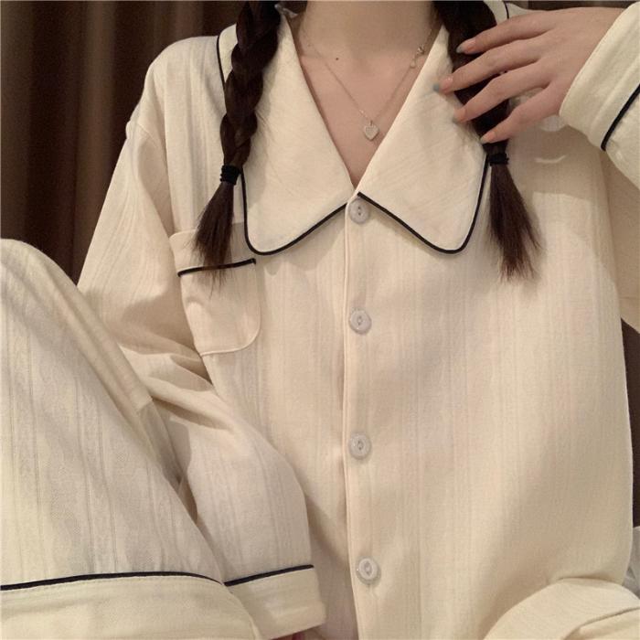 Women Long Sleeve Trousers Soft Pajamas Dormir Lounge Sleepwear Solid White Pajama Bedroom Home Clothes Female Pyjamas