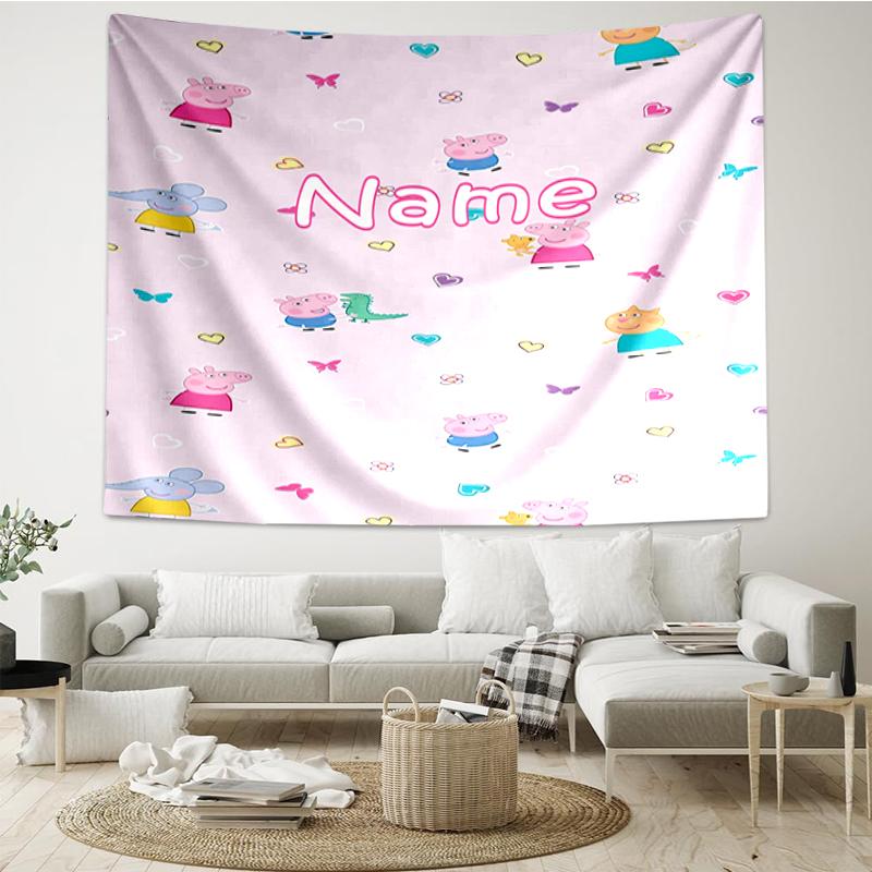 Custom Name Peppa Pig Print Tapestry, Backdrop, Easy Setup, Ideal for Bedroom, Office & Living Room, with Aesthetic Wall Hanging Decor.