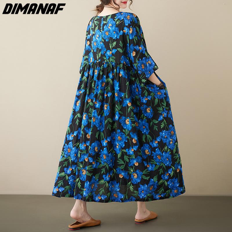 DIMANAF Plus Size Women 2023 Dress New Summer Style Loose Dress Basic Floral Dresses New Yellow