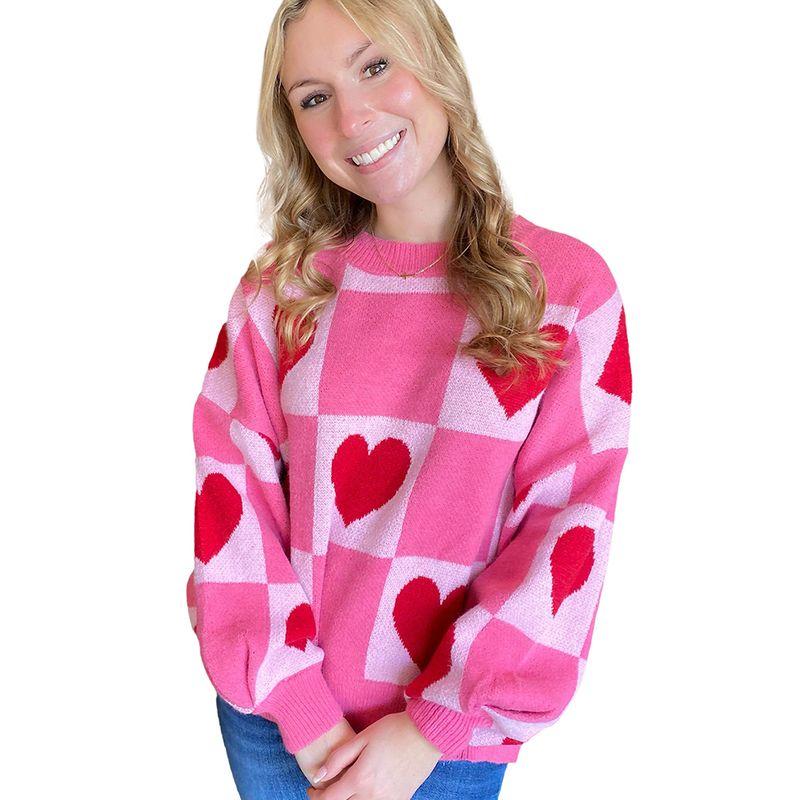 American Shiying Fall and Winter New Arrival Heart Plaid round Neck Sweater Women's 2025 Colorblock All-Matching Knitting Pullover