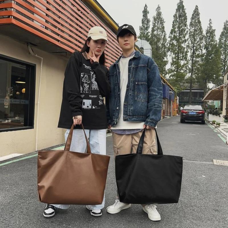PU Black Zipper Large Capacity Handbag Lightweight Soft Leather Shoulder Bag Unisex Simple Fashionable Versatile Tote Bags