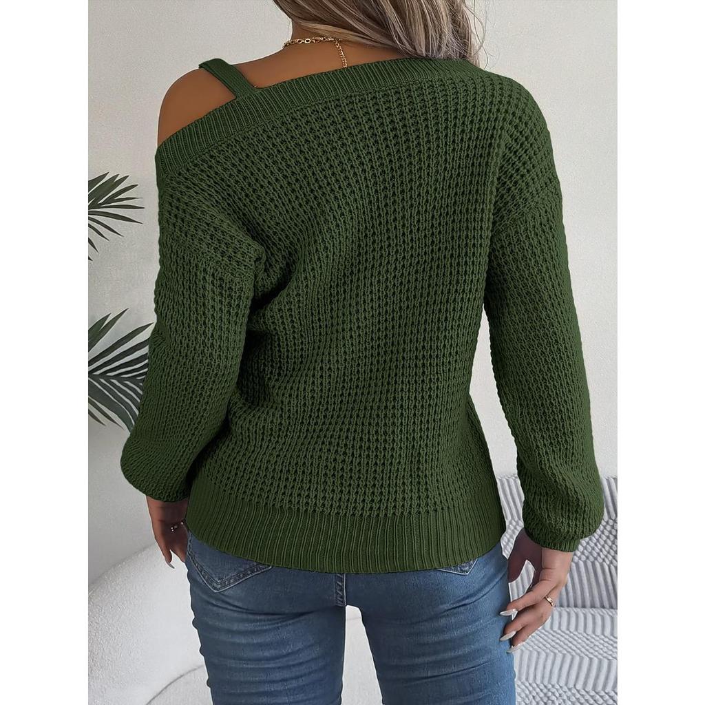 Automne et Hiver, Pour Femmes, Maille Décontractée, Boutons Métalliques, Épaule Dégagée, Manches Lanterne, Pull à Enfiler, Vêtements pour Femmes