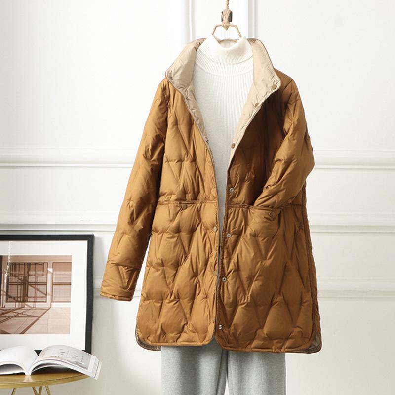 Winter new light down jacket women's medium and long stand-up collar rhombus light down loose large size warm jacket