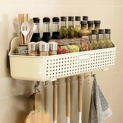 Kitchen Wall Mounted Storage Basket Fruit and Vegetable Storage Rack Condiment Organizer with Hooks Cooking Utensil Organizer
