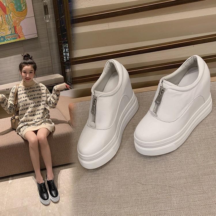 Platform white shoes women's 2025 new inner height-increasing women's shoes front zipper wedge heel leather single shoes spring and autumn versatil