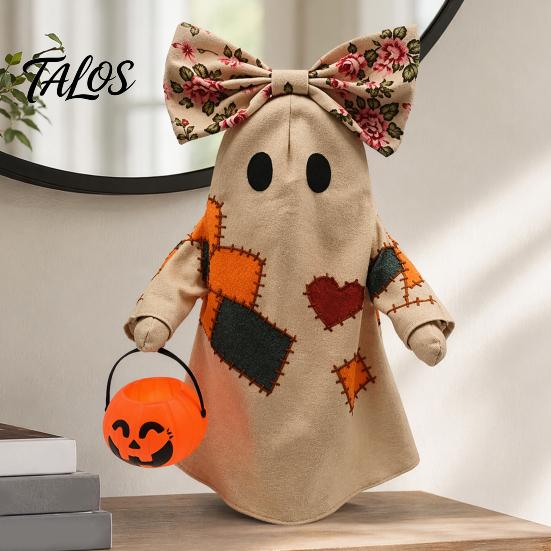 Soft Illuminated Ghost Statue Lighted Vintage Patchwork Ghost, Halloween Light Up Quilted Doll with Pumpkin Fabric Ornament Lantern, Rustic Farmhouse