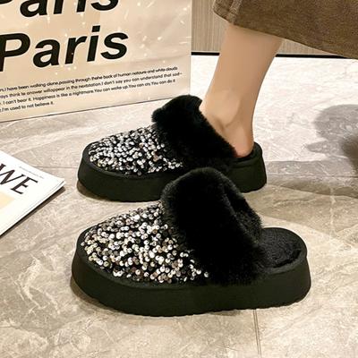Pantofole da Donna con Piattaforma di Paillettes Scarpe Piatti da Casa in Cotone Inverno 2025 Tendenza Peluche Corto Slingback Calde Ciabatte Zapatillas Mujer