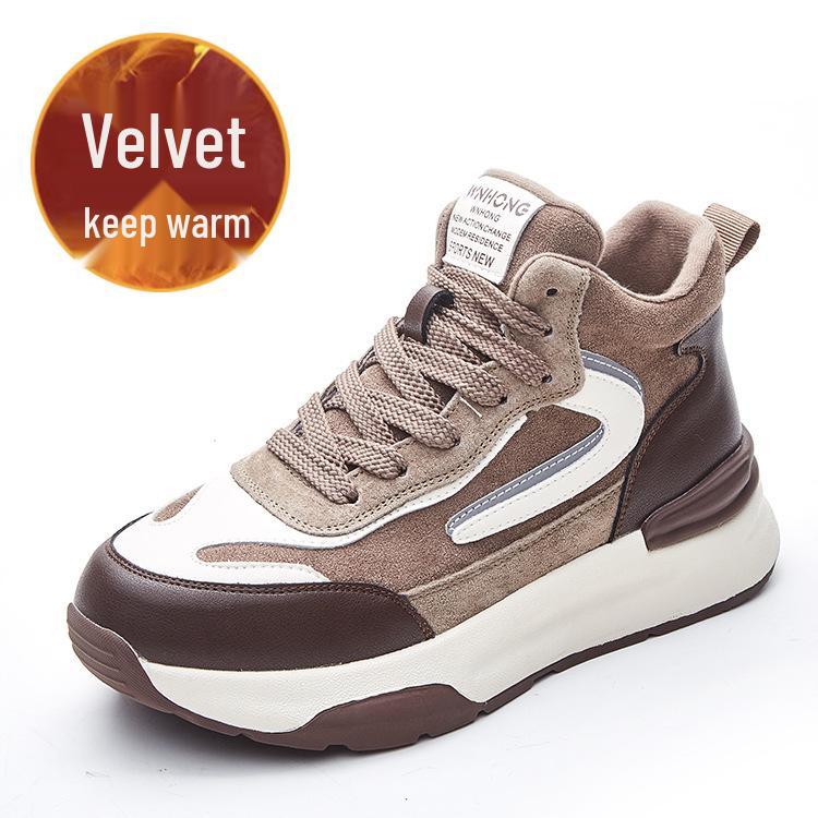 Spring/Summer 2025 Women's Colorblock Genuine Leather High-Top Sneakers - Thick Sole, Fleece-Lined, Casual Lace-Up in Trend